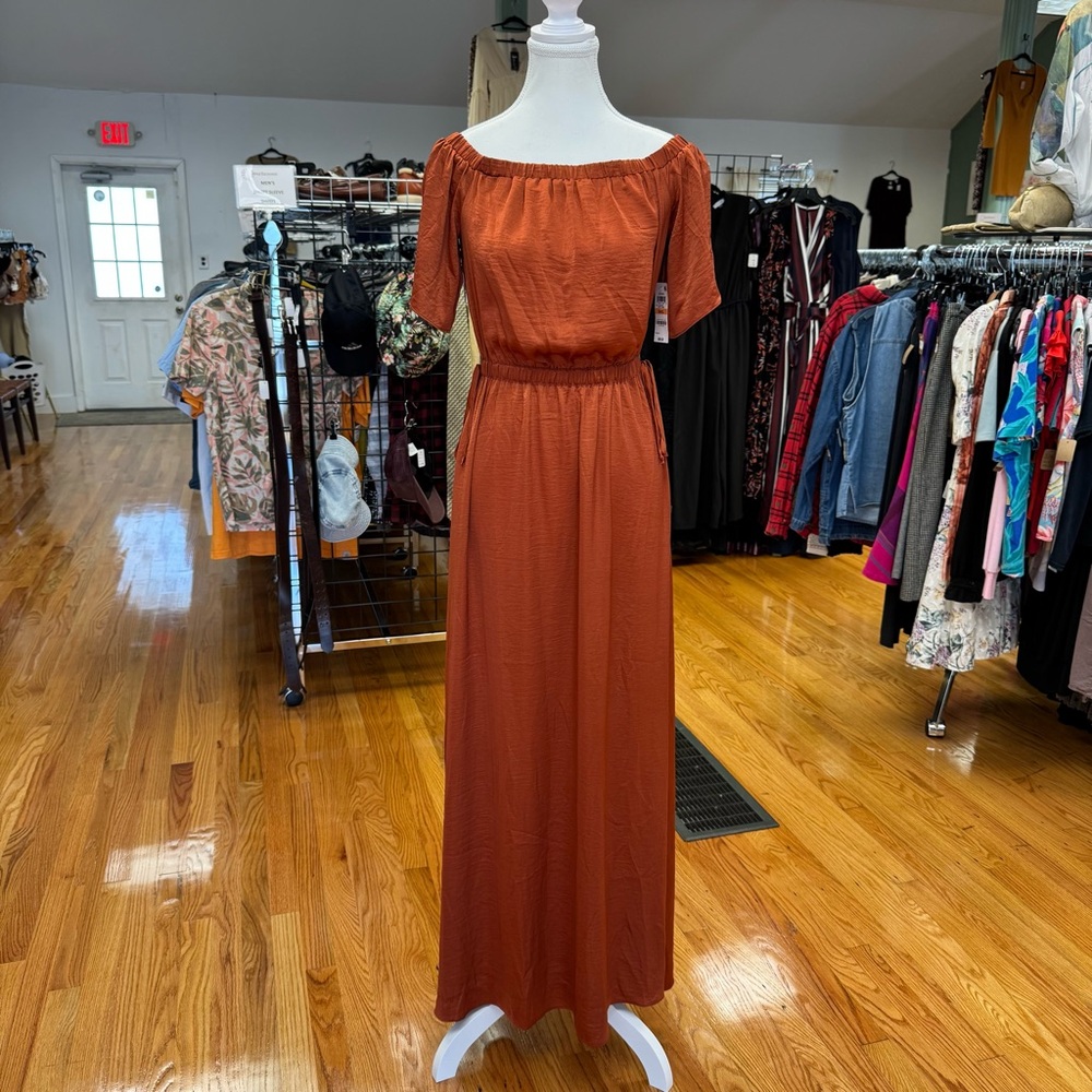 Bar lll Off-Shoulder Burnt Umber Satin Maxi Dress Size Small NWT